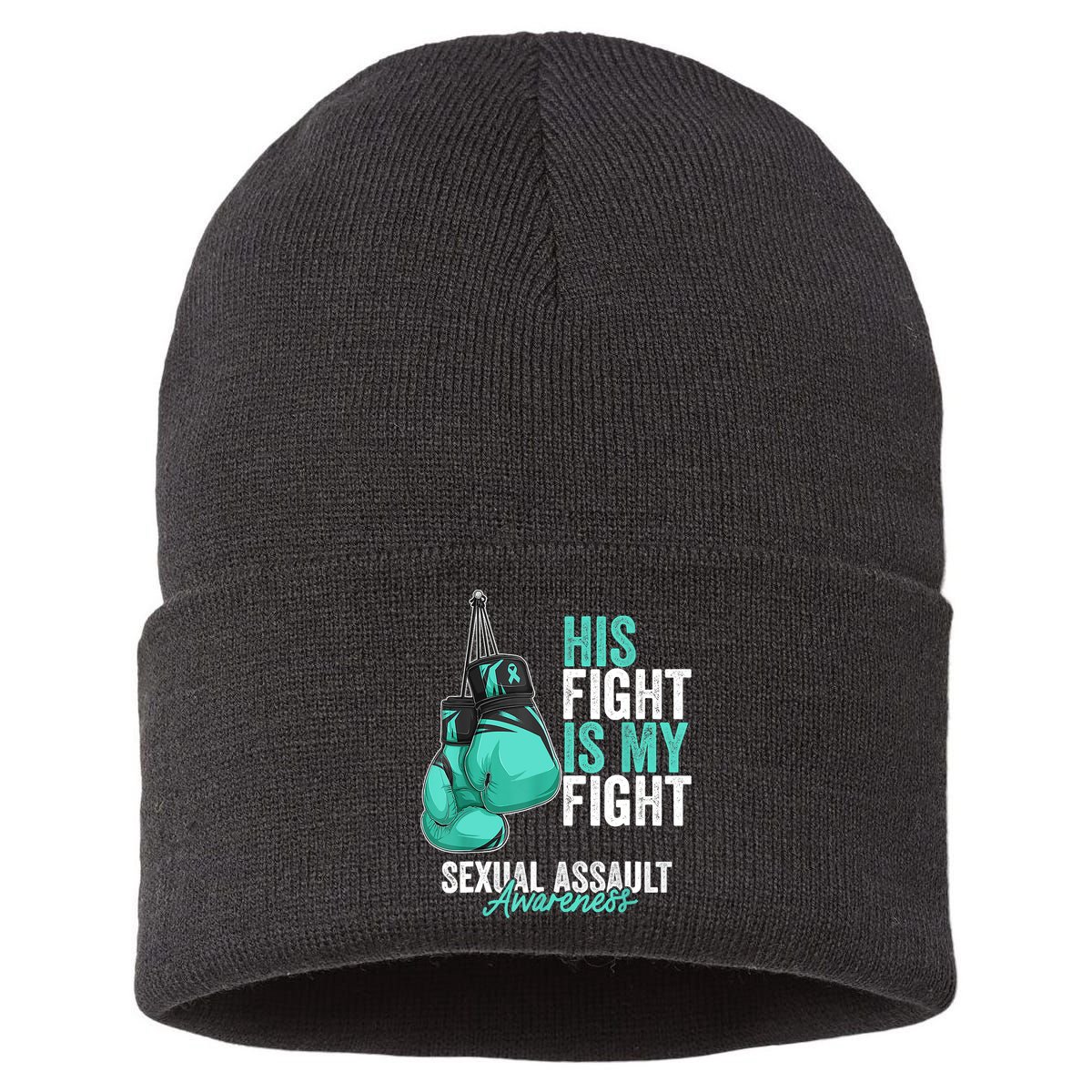 Sexual Assault Awareness Month Boxing Gloves Teal Ribbon Sustainable Knit Beanie