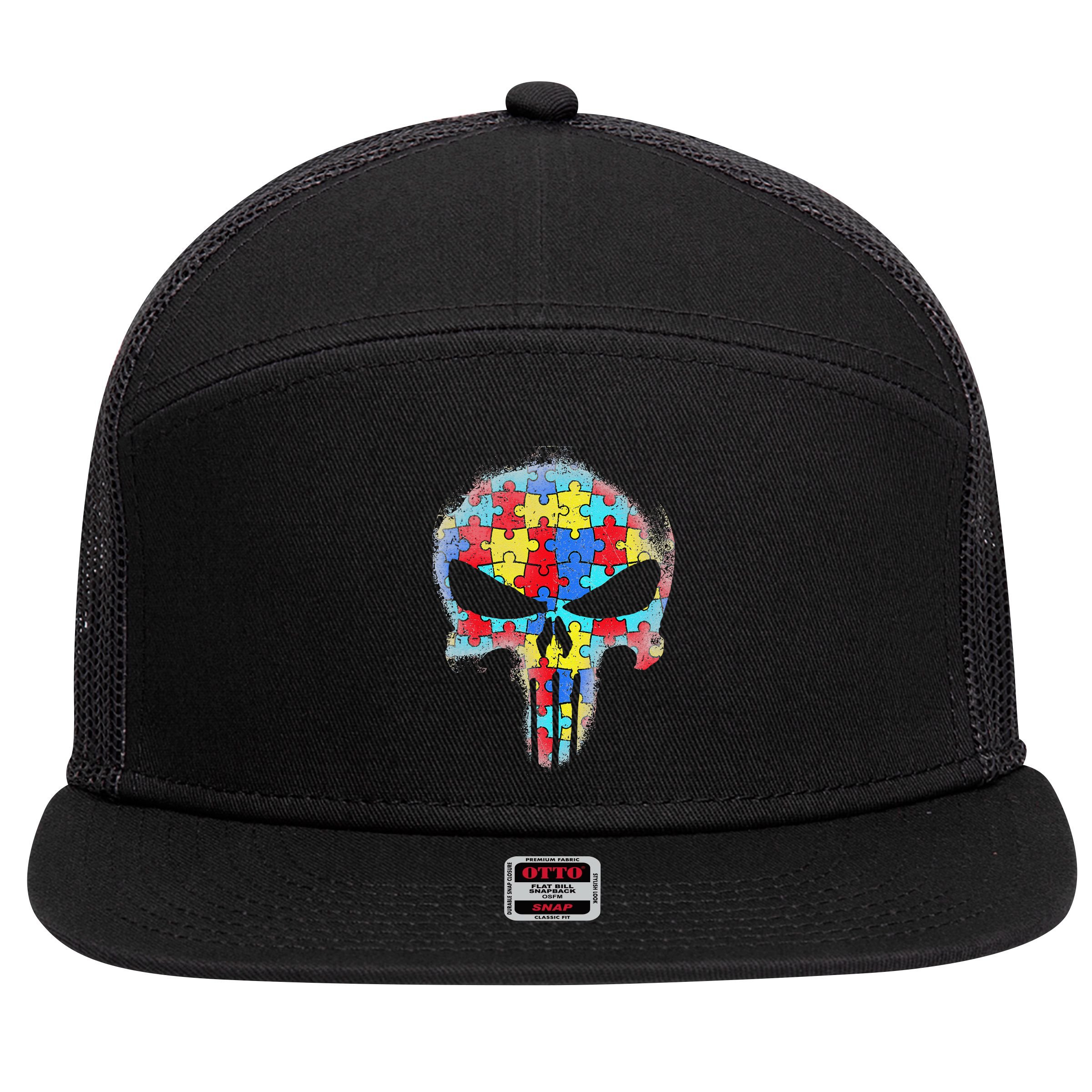 Skull Autism Awareness Tee Mom Dad Autism 7 Panel Mesh Trucker Snapback Hat
