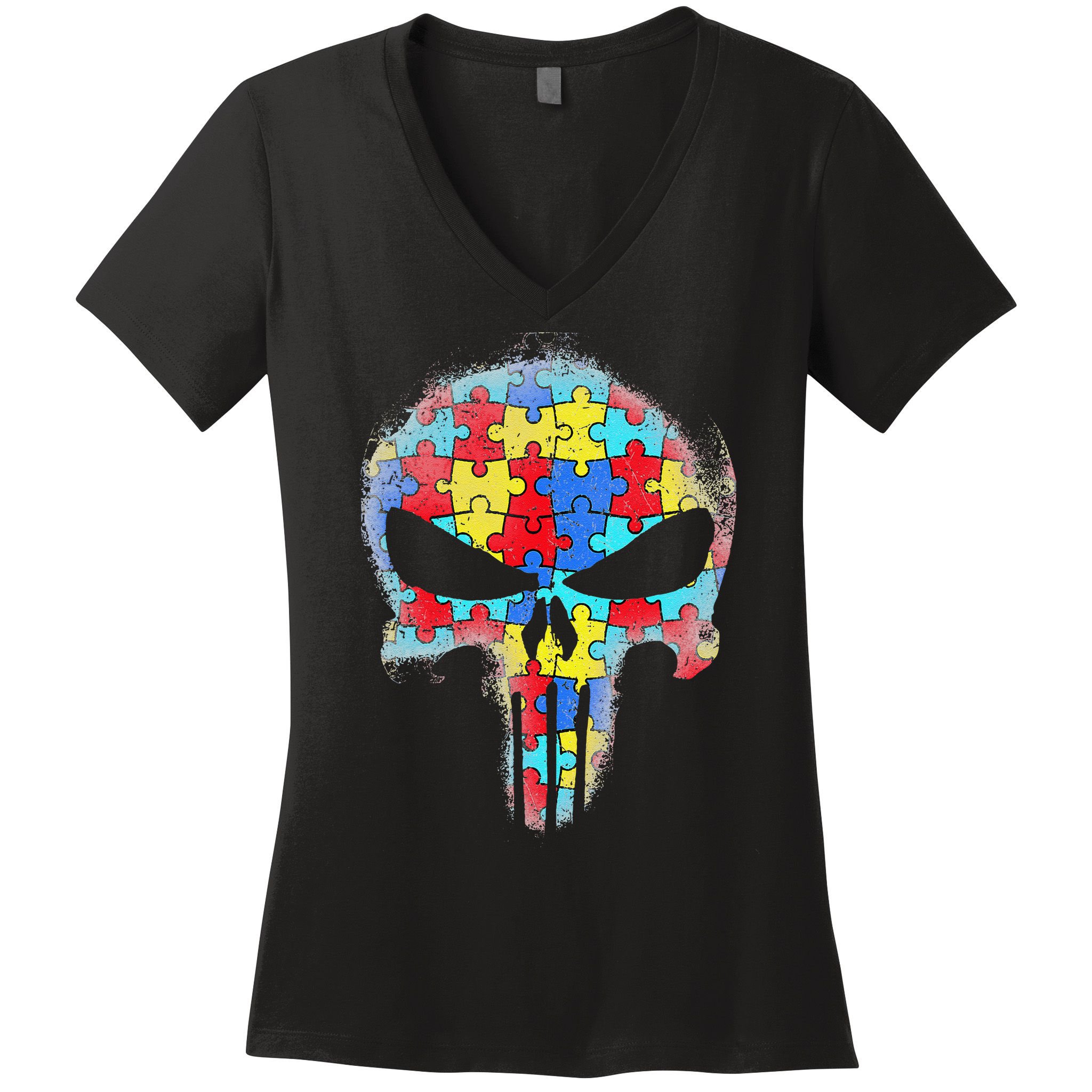 Skull Autism Awareness Tee Mom Dad Autism Women's V-Neck T-Shirt