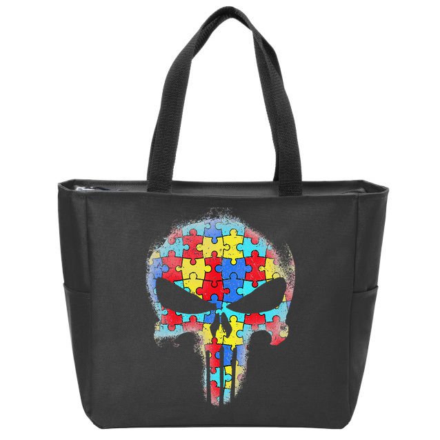 Skull Autism Awareness Tee Mom Dad Autism Zip Tote Bag