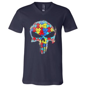 Skull Autism Awareness Tee Mom Dad Autism V-Neck T-Shirt