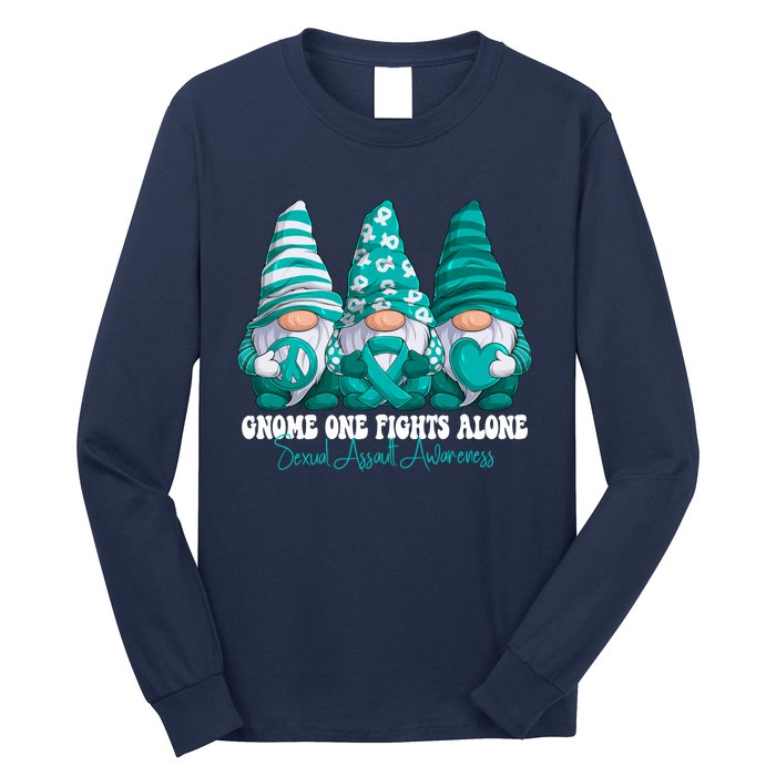 Sexual Assault Awareness Month Teal Ribbon Gnomies Support Long Sleeve Shirt