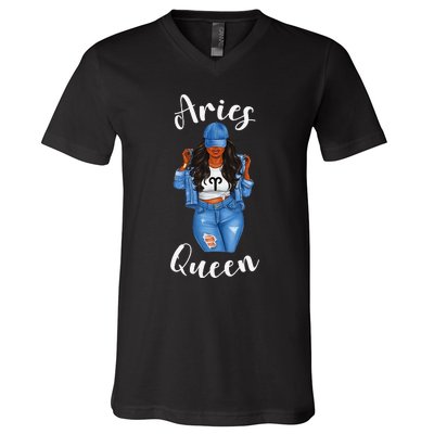 Streetwise Aries Black Queen Afro Wo Zodiac Birthday V-Neck T-Shirt