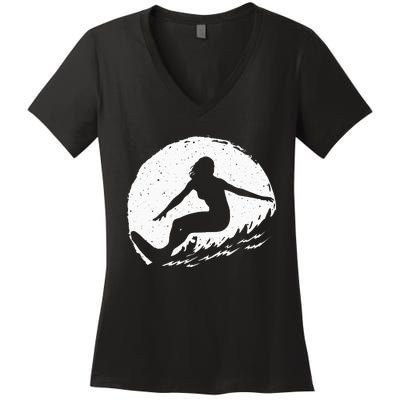 Surf Art Beach Surfer Hawaiian Wave Surfing Women's V-Neck T-Shirt