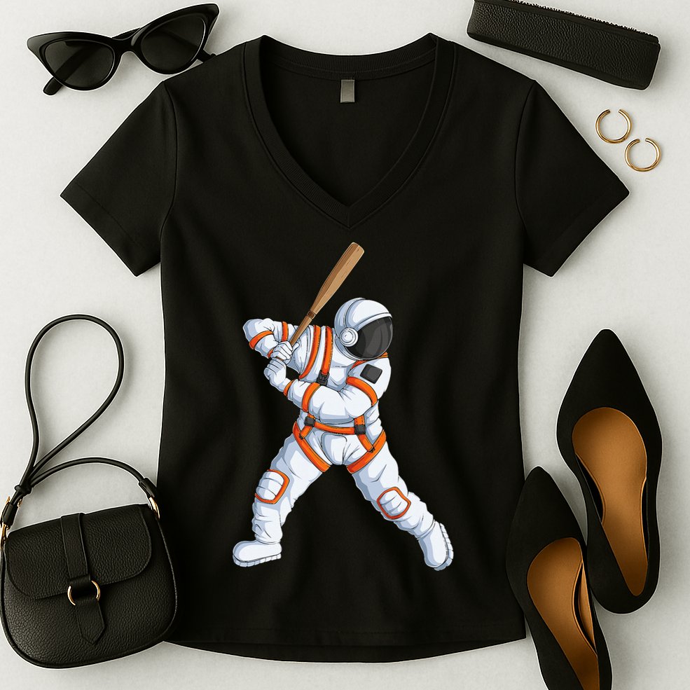 Space Astronaut Baseball Funny Baseball Player Women's V-Neck T-Shirt