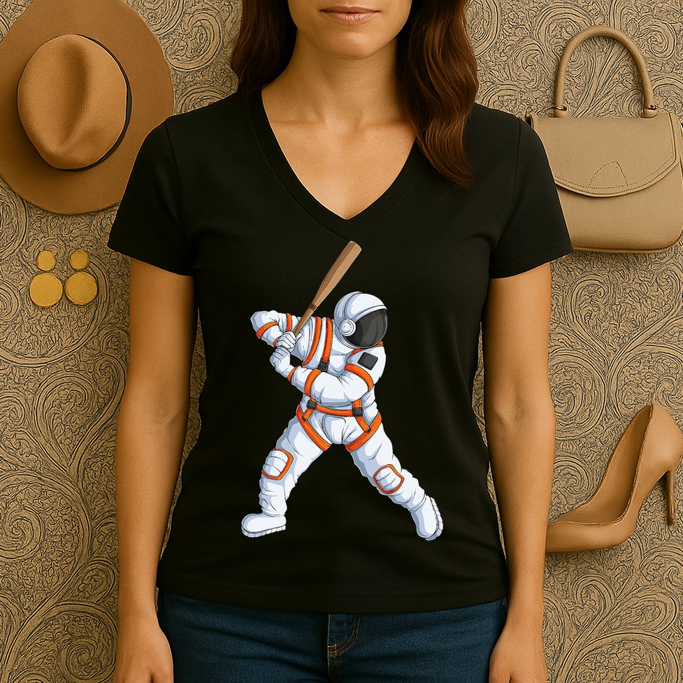 Space Astronaut Baseball Funny Baseball Player Women's V-Neck T-Shirt