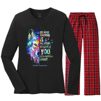 Suicide Awareness Be Kind Everyone Is Fighting A Battle Wolf Women's Long Sleeve Flannel Pajama Set 