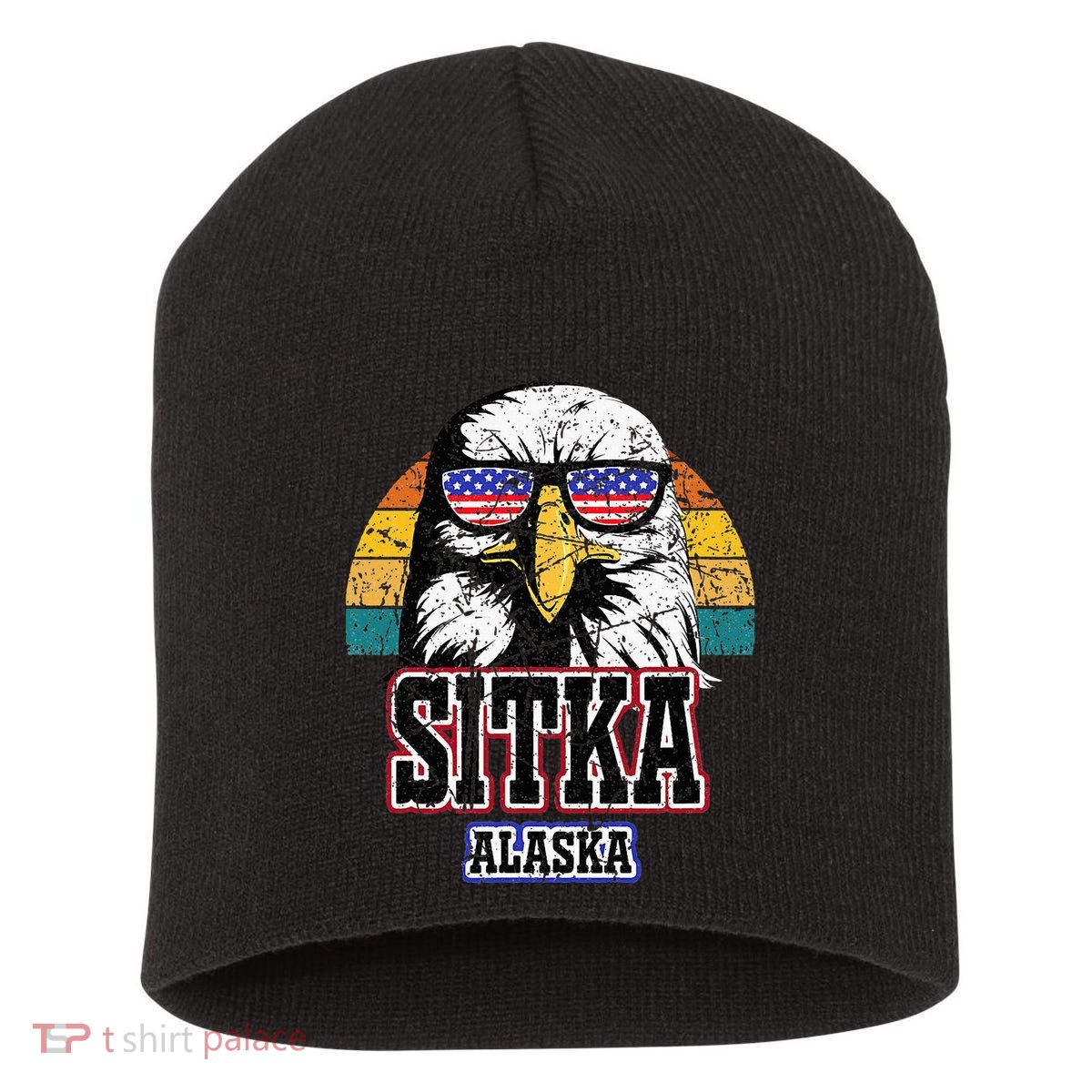Sitka Alaska Bald Eagle Usa Flag Short Acrylic Beanie