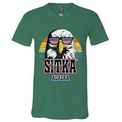 Sitka Alaska Bald Eagle Usa Flag V-Neck T-Shirt