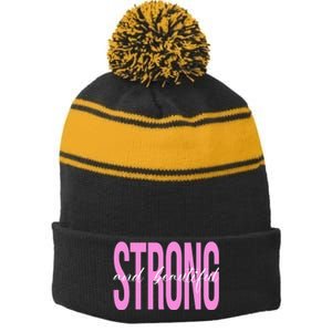 Strong And Beautiful Breast Cancer Awareness Stripe Pom Pom Beanie