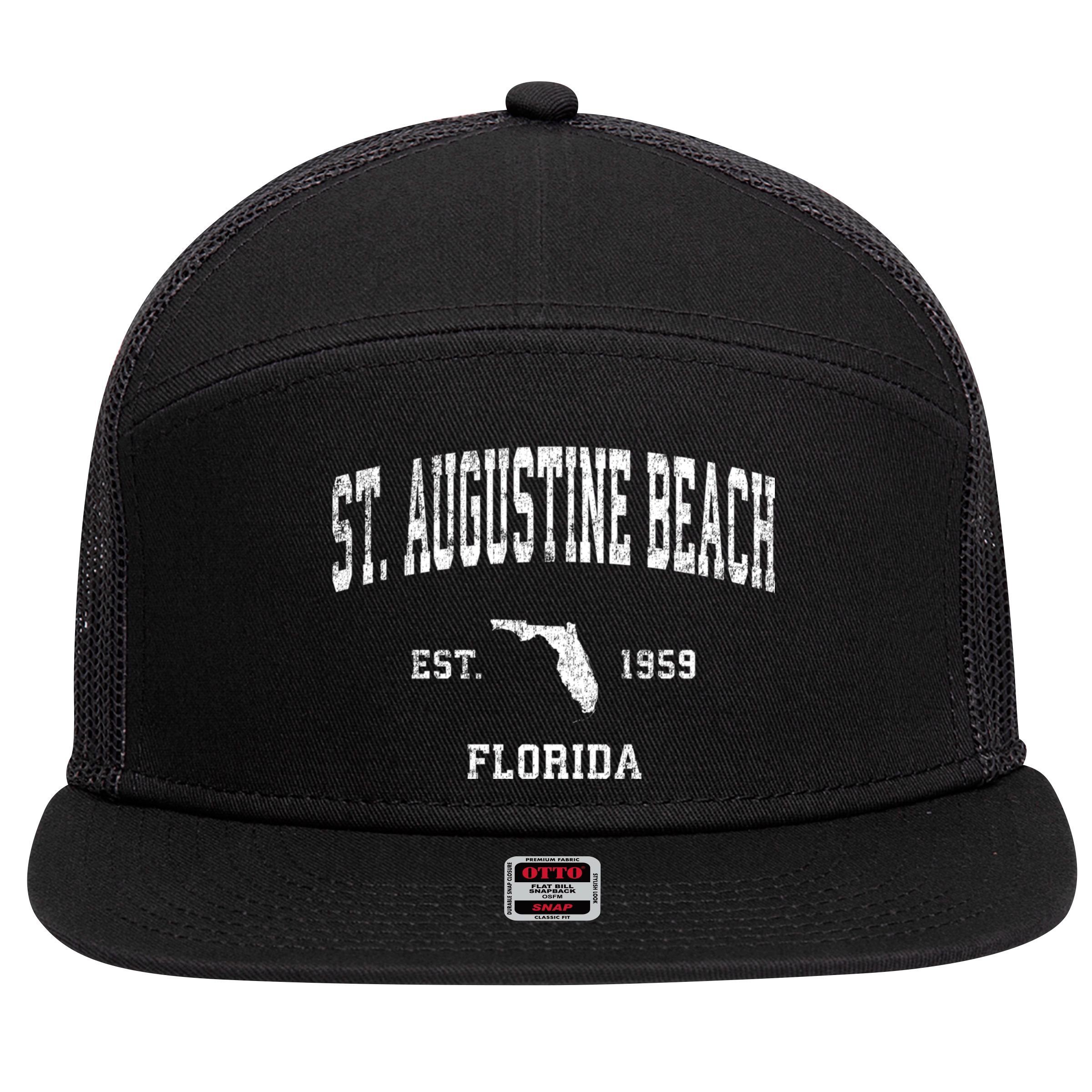 St. Augustine Beach Florida Fl Vintage Established Athletic Sports Design 7 Panel Mesh Trucker Snapback Hat