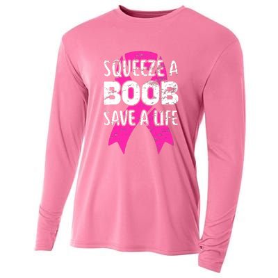 Squeeze A Boob Save A Life Breast Cancer Warrior Pink Ribbon Cooling Performance Long Sleeve Crew