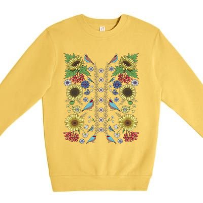 Sunflower And Birds Cute Floral Vintage Ukrainian Vyshyvanka Great Gift Premium Crewneck Sweatshirt