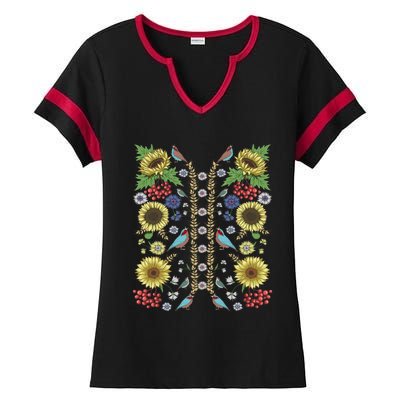 Sunflower And Birds Cute Floral Vintage Ukrainian Vyshyvanka Great Gift Ladies Halftime Notch Neck Tee