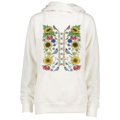 Sunflower And Birds Cute Floral Vintage Ukrainian Vyshyvanka Great Gift Womens Funnel Neck Pullover Hood