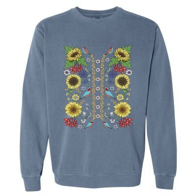 Sunflower And Birds Cute Floral Vintage Ukrainian Vyshyvanka Great Gift Garment-Dyed Sweatshirt