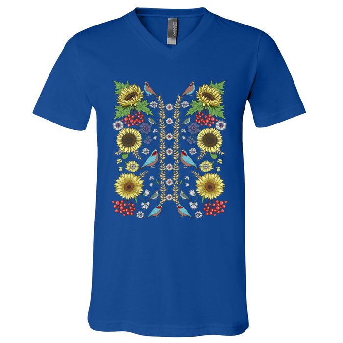 Sunflower And Birds Cute Floral Vintage Ukrainian Vyshyvanka Great Gift V-Neck T-Shirt