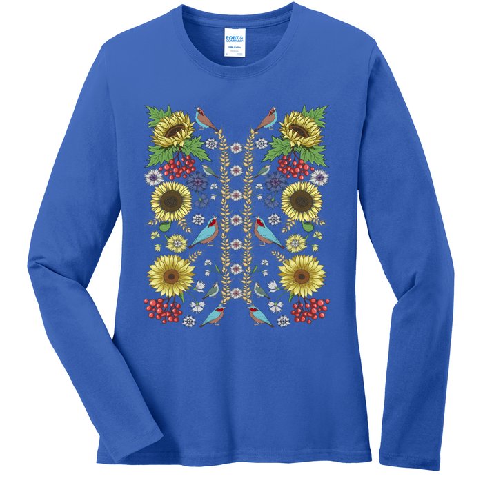 Sunflower And Birds Cute Floral Vintage Ukrainian Vyshyvanka Great Gift Ladies Long Sleeve Shirt