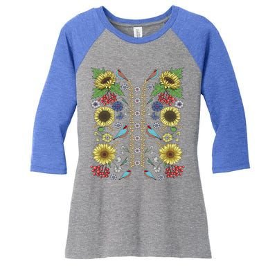 Sunflower And Birds Cute Floral Vintage Ukrainian Vyshyvanka Great Gift Women's Tri-Blend 3/4-Sleeve Raglan Shirt