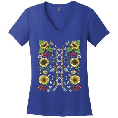 Sunflower And Birds Cute Floral Vintage Ukrainian Vyshyvanka Great Gift Women's V-Neck T-Shirt