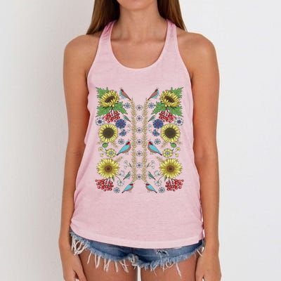 Sunflower And Birds Cute Floral Vintage Ukrainian Vyshyvanka Great Gift Women's Knotted Racerback Tank