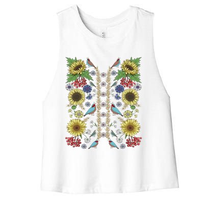 Sunflower And Birds Cute Floral Vintage Ukrainian Vyshyvanka Great Gift Women's Racerback Cropped Tank