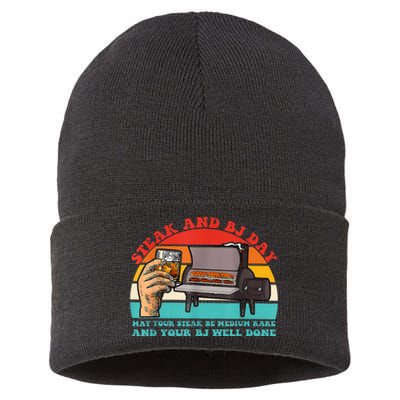 Steak And Bj Day Funny Retro Sustainable Knit Beanie