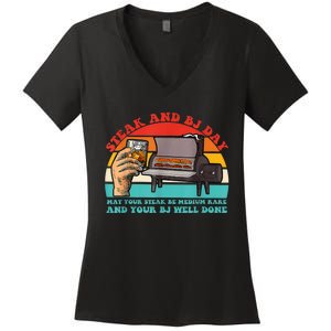 Steak And Bj Day Funny Retro Women's V-Neck T-Shirt