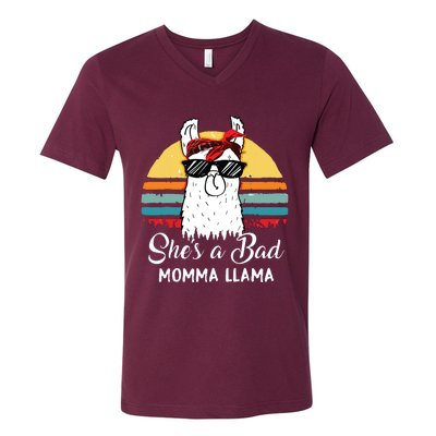 Shes A Bad Momma Llama Mama Retro Vintage V-Neck T-Shirt