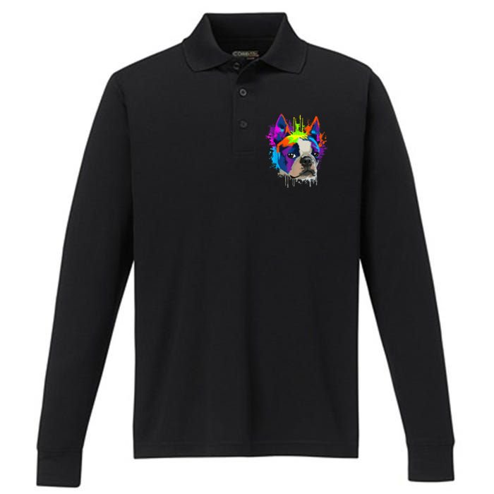 Splash Art Boston Terrier Dog Owner Gift Idea Dog Performance Long Sleeve Polo