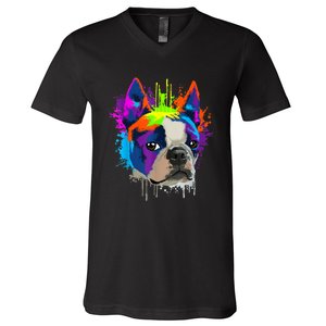 Splash Art Boston Terrier Dog Owner Gift Idea Dog V-Neck T-Shirt