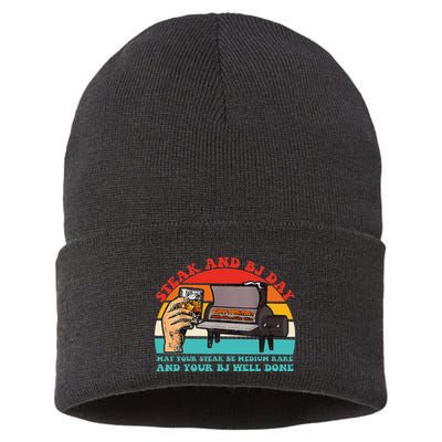 Steak And Bj Day Funny Retro Sustainable Knit Beanie