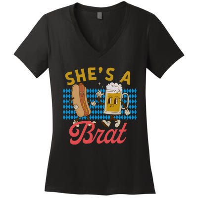 She’S A Brat Couples Oktoberfest Matching Drinking Team Women's V-Neck T-Shirt