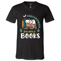 Saying About Books | Easily Distracted By Cats And Books V-Neck T-Shirt