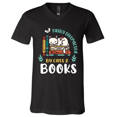 Saying About Books | Easily Distracted By Cats And Books V-Neck T-Shirt