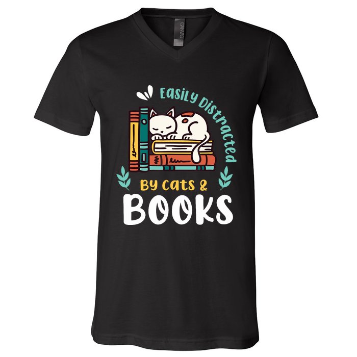 Saying About Books | Easily Distracted By Cats And Books V-Neck T-Shirt