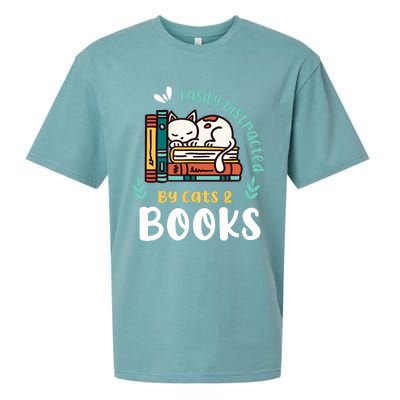 Saying About Books | Easily Distracted By Cats And Books Sueded Cloud Jersey T-Shirt