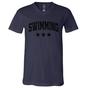 Swimming All Black Stars Classic Retro Varsity Text V-Neck T-Shirt