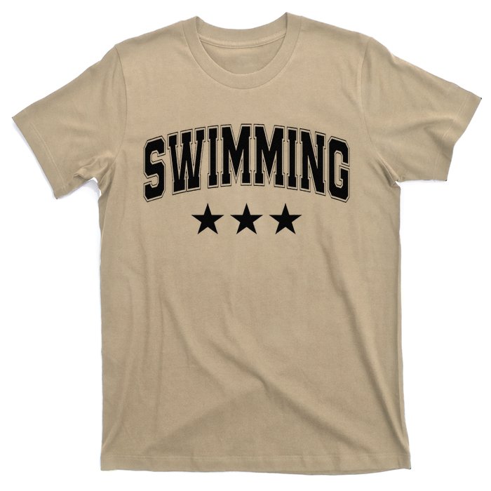 Swimming All Black Stars Classic Retro Varsity Text T-Shirt