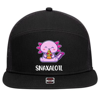 Snaxalotl Axolotl Cute Eating Pizza Snacks  7 Panel Mesh Trucker Snapback Hat