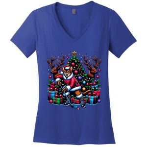 Santa Abyssinian Cat Is Playing Hockey Cute Gift Women's V-Neck T-Shirt