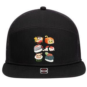 Sushi Anime Cats Kawaii Neko Sushi Lover Japanese Food Gift 7 Panel Mesh Trucker Snapback Hat