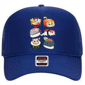 Sushi Anime Cats Kawaii Neko Sushi Lover Japanese Food Gift High Crown Mesh Back Trucker Hat