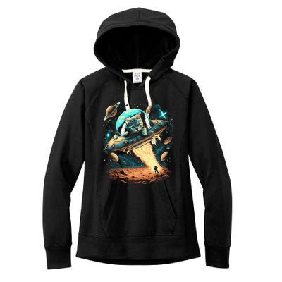 Space Astronaut Cat Flying Ufo Aliens Galaxy Kitty Women's Fleece Hoodie