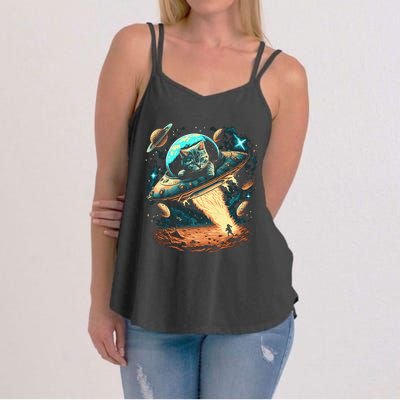 Space Astronaut Cat Flying Ufo Aliens Galaxy Kitty Women's Strappy Tank