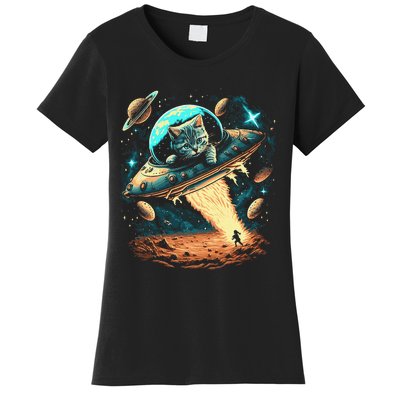 Space Astronaut Cat Flying Ufo Aliens Galaxy Kitty Women's T-Shirt