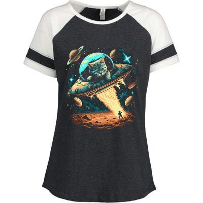 Space Astronaut Cat Flying Ufo Aliens Galaxy Kitty Enza Ladies Jersey Colorblock Tee