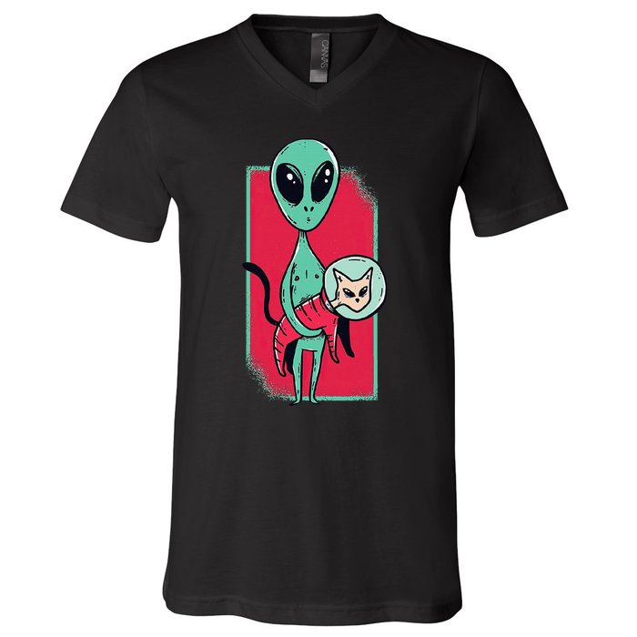 Space Alien Cute Cat Funny For Cat Lover V-Neck T-Shirt