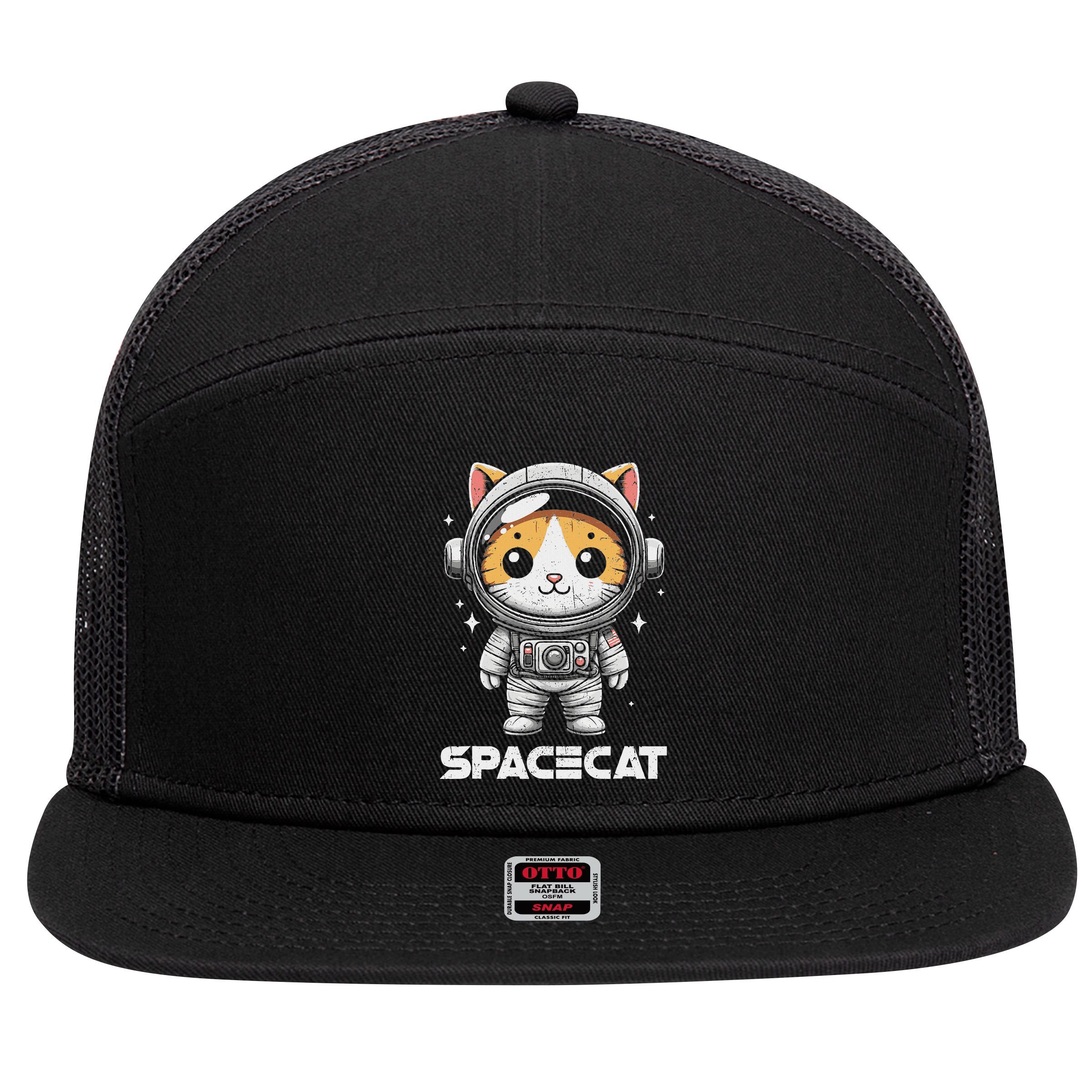 Spacecat Astronaut Cat Kitten Spaceman Cosmonaut Distressed 7 Panel Mesh Trucker Snapback Hat