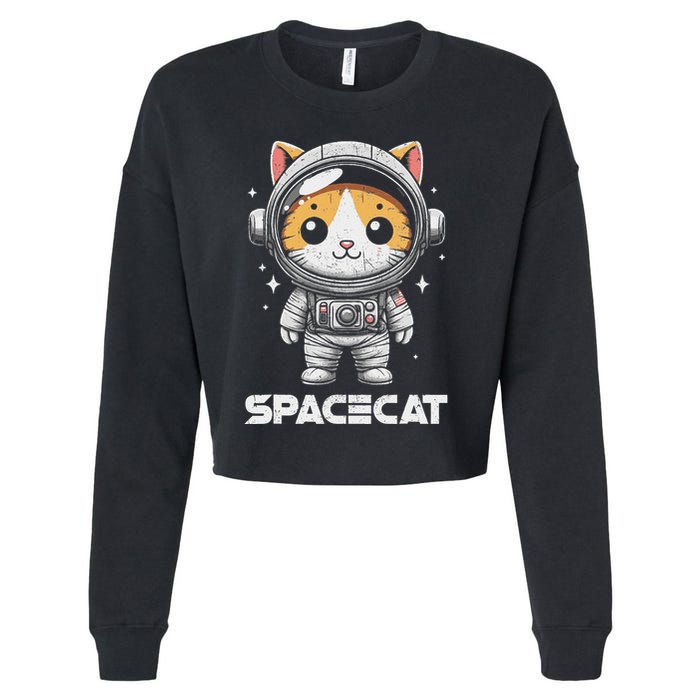 Spacecat Astronaut Cat Kitten Spaceman Cosmonaut Distressed Cropped Pullover Crew